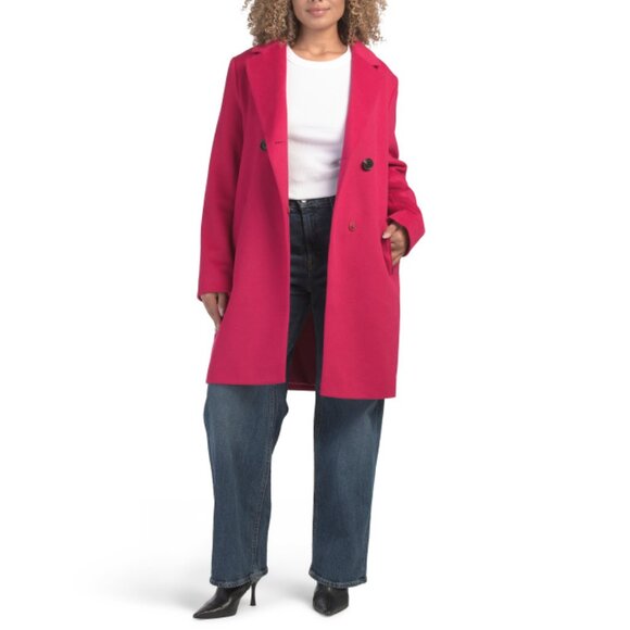 SAM EDELMAN Magenta Wool Blend Double Breasted Cutway Twill Coat - Picture 1 of 2